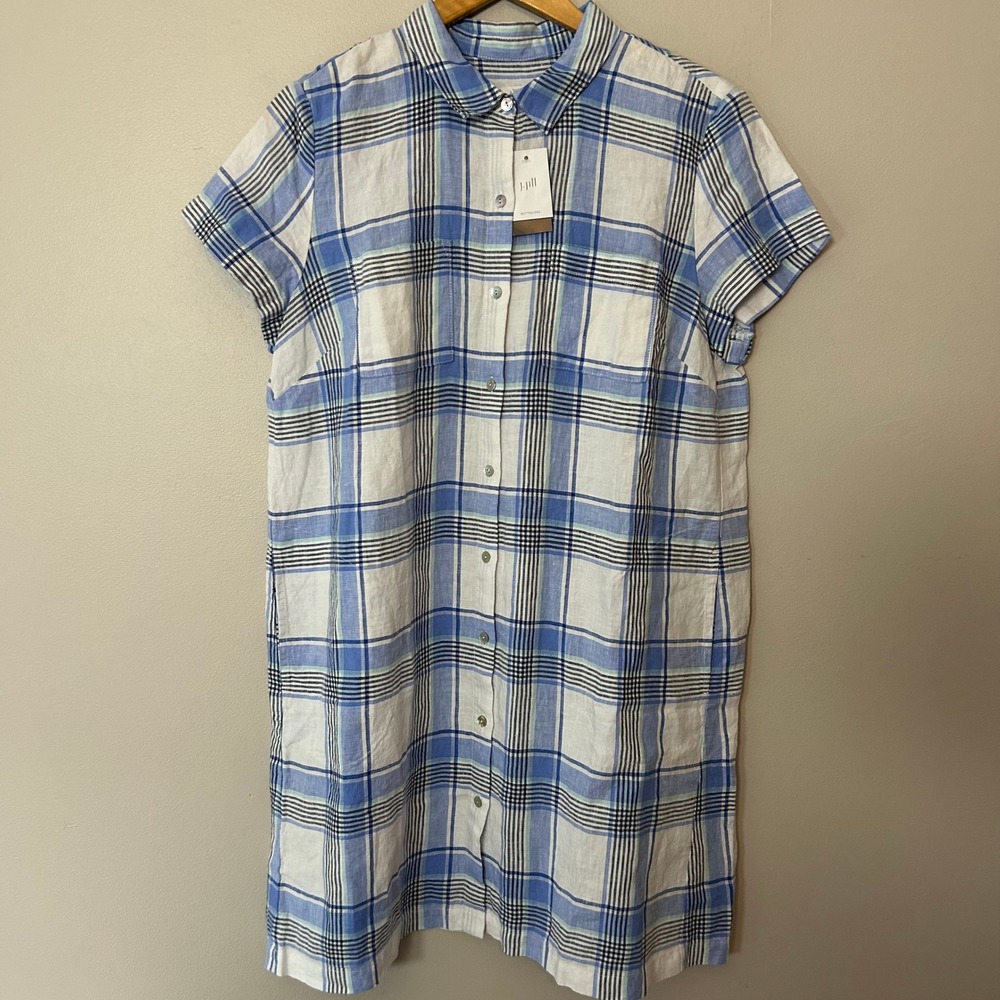 J. Jill Shirt Dress Womens LP Blue White Plaid 100% Linen Short Sleeve NWT